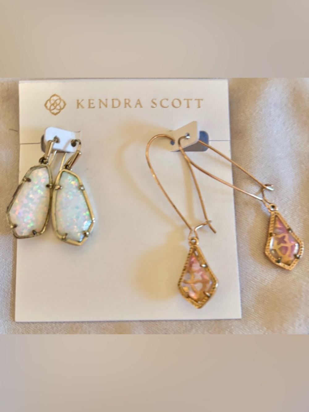 BOGO Kendra Scott Gold Drop Earrings with White Opal and Pink Mosaic Inlay